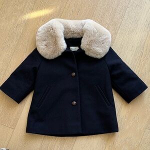 Chic Black Kids Pea Coat with Faux Fur Collar
